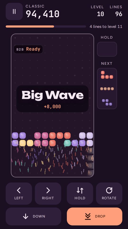 A four-line Big Wave clear worth 8,000 points in the Dusk theme.
